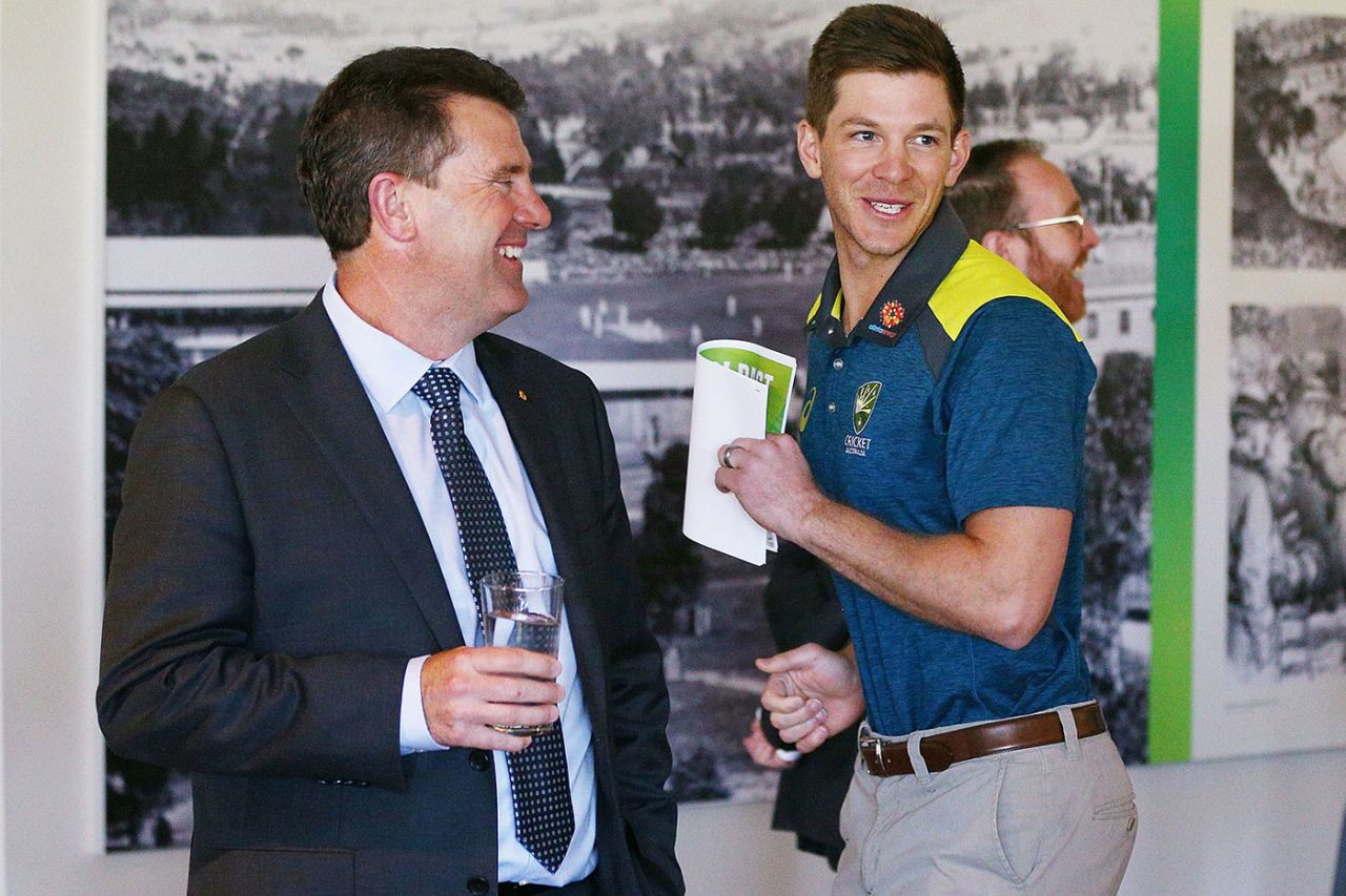 Mark Taylor shares a laugh with Tim Paine, Melbourne, October 29, 2018