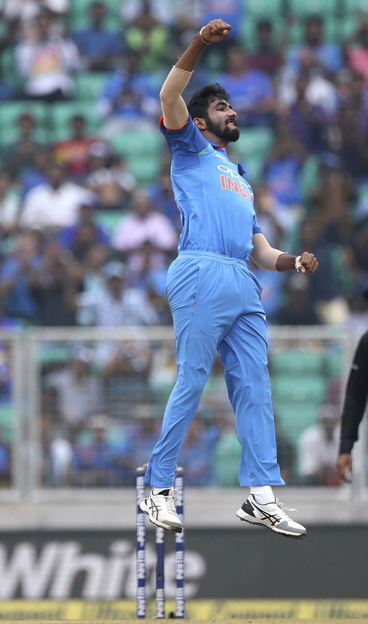 Jasprit Bumrah jumps in celebration, India v West Indies, 5th ODI, Thiruvananthapuram, November 1, 2018