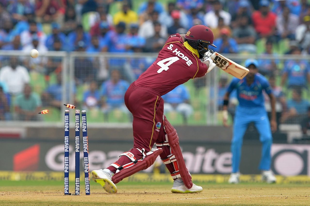 Shai Hope plays away from his body and is bowled, India v West Indies, 5th ODI, Thiruvananthapuram, November 1, 2018
