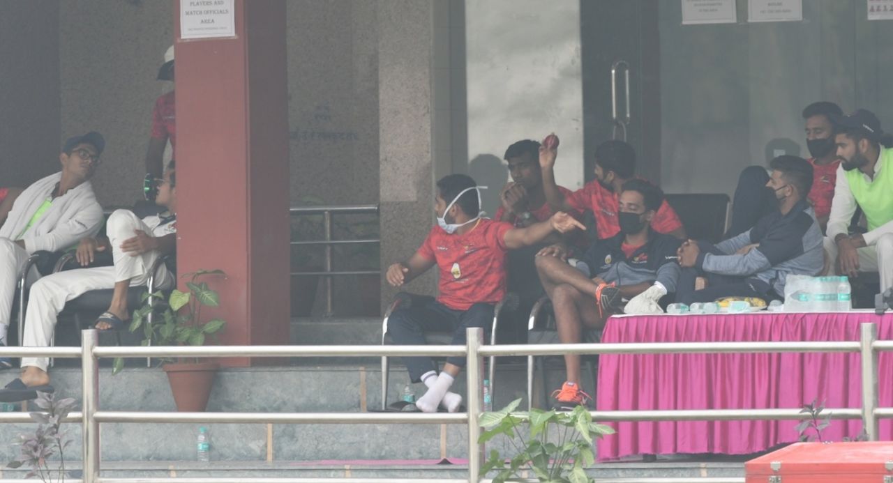 The Mumbai dressing room is seen wearing masks, Railways v Mumbai, Ranji Trophy 2018-19, Group A, Delhi, 1st day, November 1, 2018