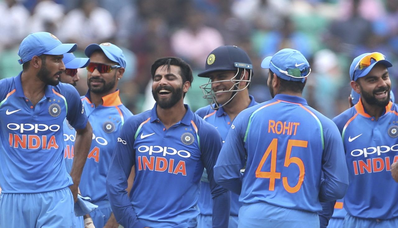 The India fielders share a laugh after a wicket, India v West Indies, 5th ODI, Thiruvananthapuram, November 1, 2018