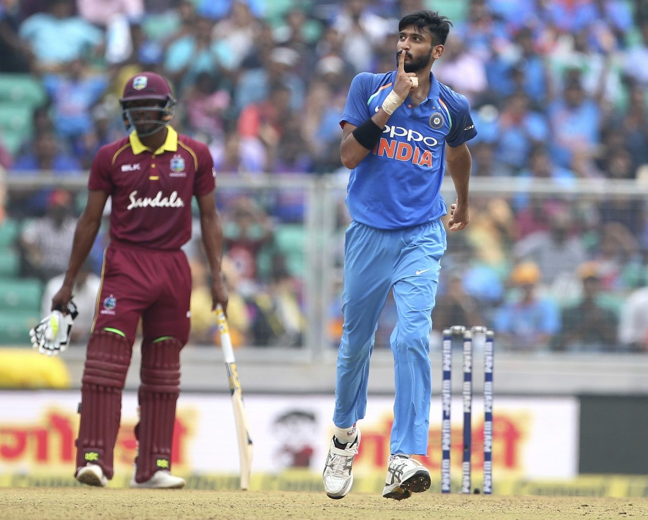 Khaleel Ahmed puts a finger on his lips in celebrating a wicket, India v West Indies, 5th ODI, Thiruvananthapuram, November 1, 2018