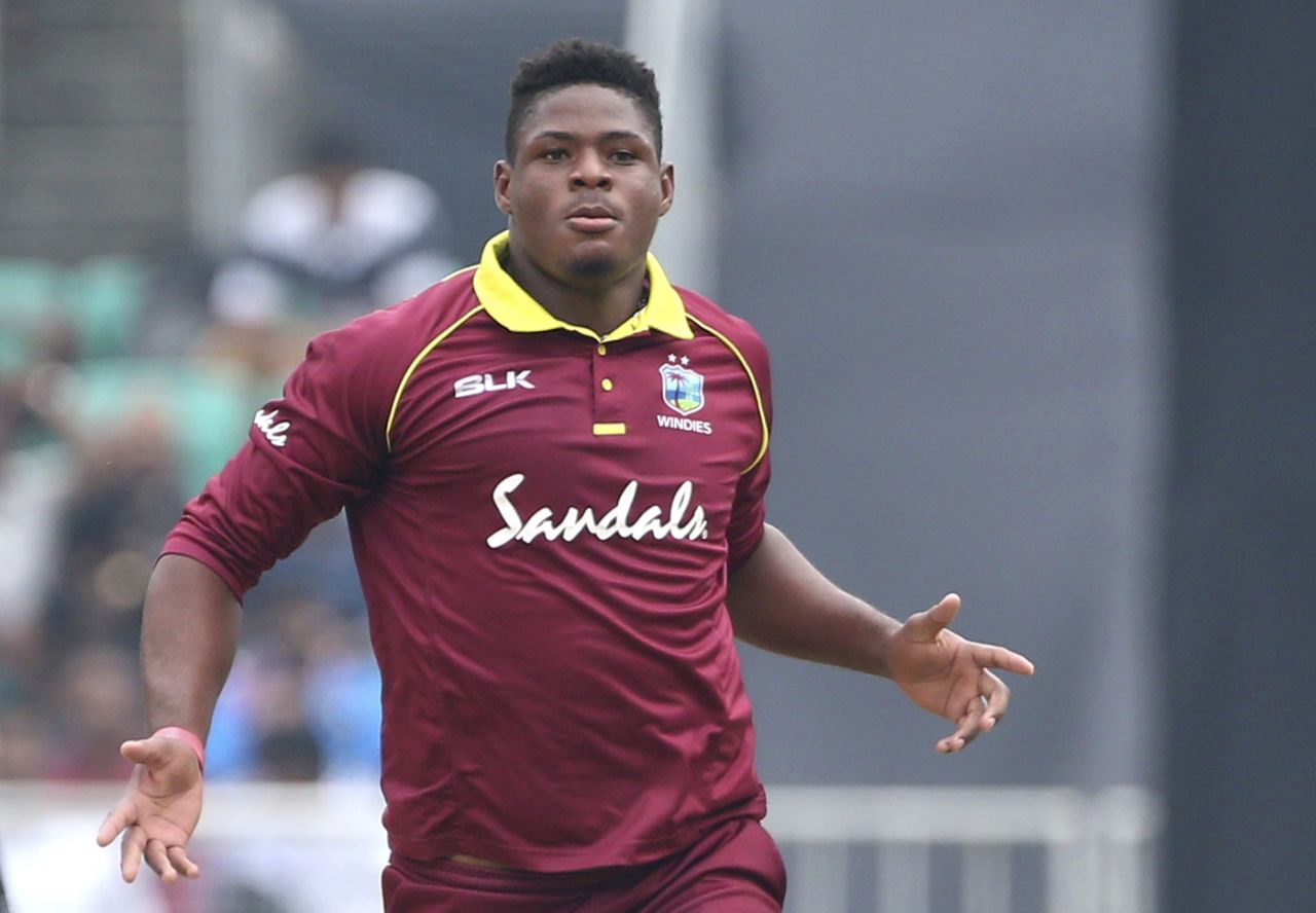 Oshane Thomas in his followthrough, India v West Indies, 5th ODI, Thiruvananthapuram, November 1, 2018
