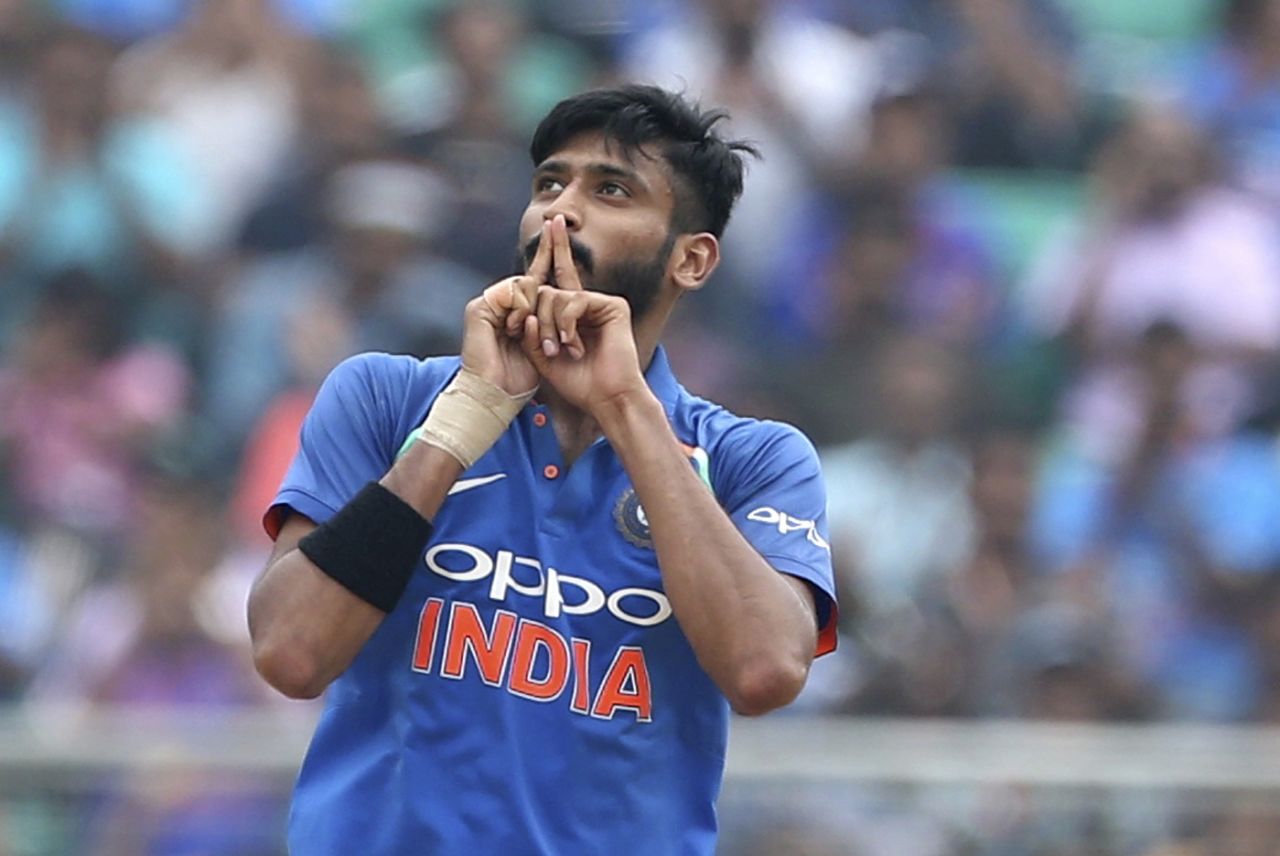 Khaleel Ahmed puts his fingers on his lips in celebrating a wicket, India v West Indies, 5th ODI, Thiruvananthapuram, November 1, 2018