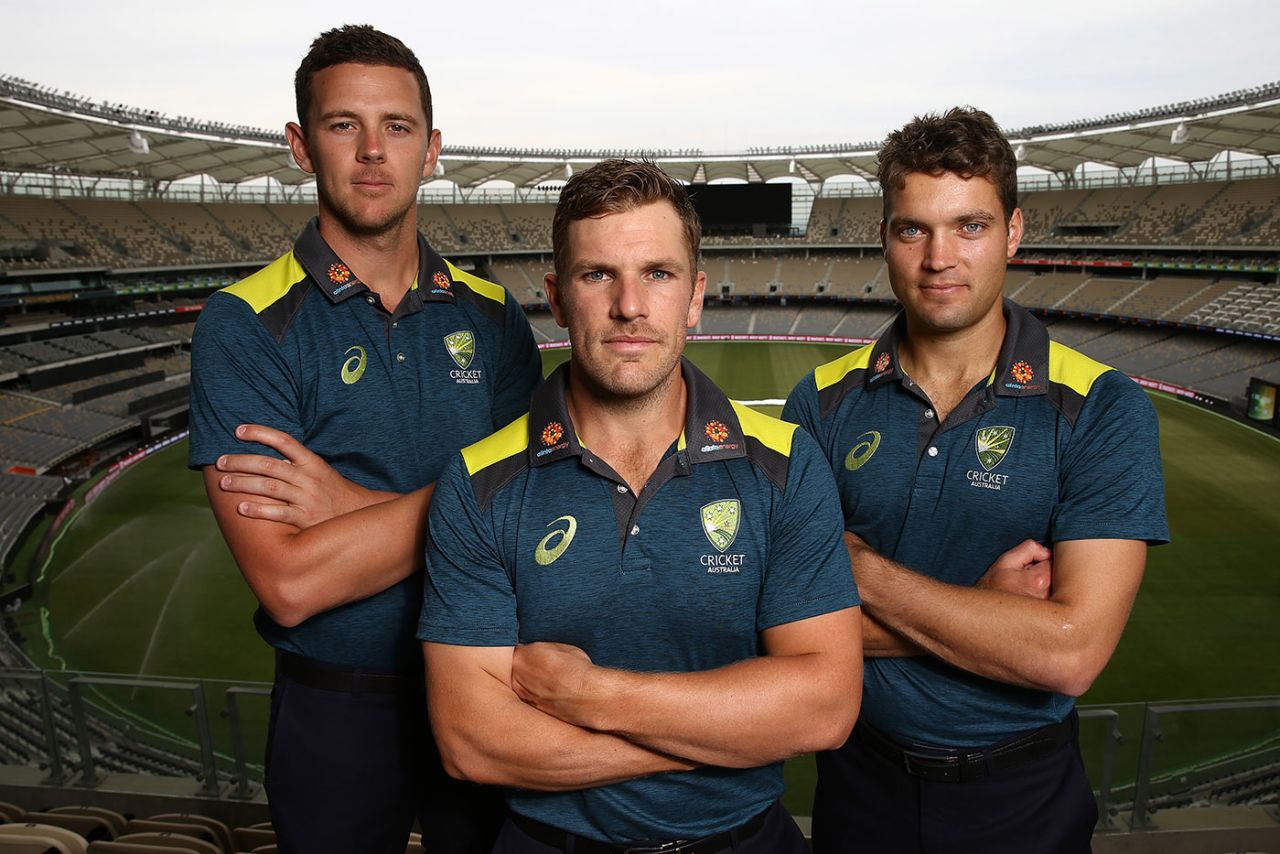 Aaron Finch with his two one-day vice-captains, Josh Hazlewood and Alex Carey, Perth, November 2, 2018