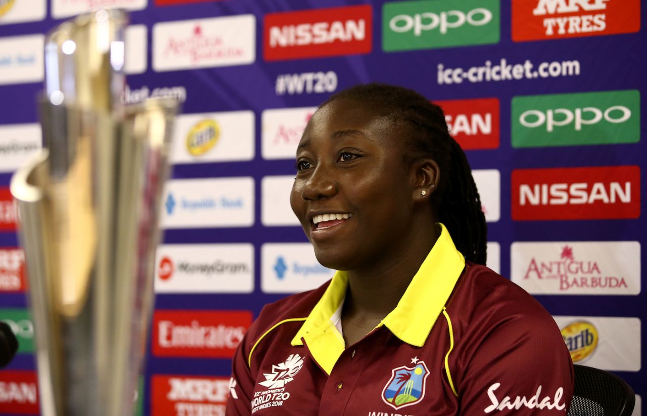 Stafanie Taylor finds a reason to smile at a press conference, Women's World T20, Antigua, November 2, 2018 