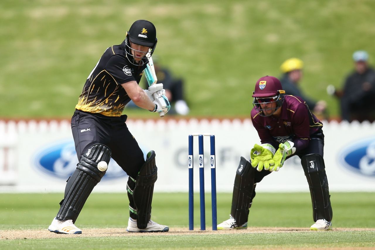James Neesham makes room to hit the ball, Wellington v Northern Districts, Ford Trophy, Wellington, November 4, 2018