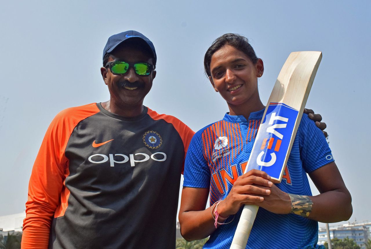 Harmanpreet Kaur with India women's fielding coach Biju George at the Bandra-Kurla Complex Ground, Mumbai, October 27, 2018