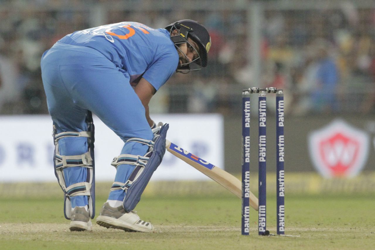 Rohit Sharma is beaten by an Oshane Thomas thunderbolt, India v West Indies, 1st T20I, Kolkata, November 4, 2018
