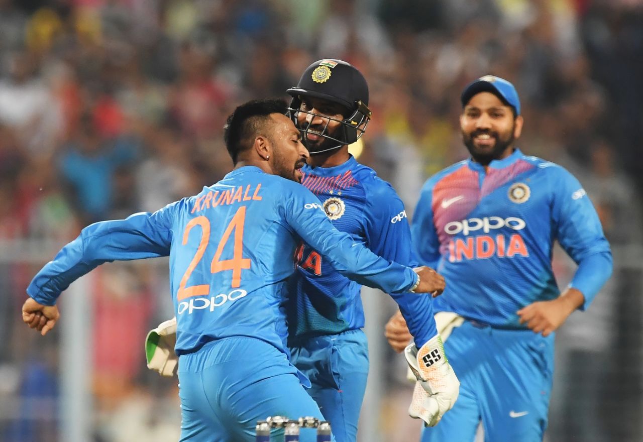 Krunal Pandya celebrates his first international wicket with Dinesh Karthik, India v West Indies, 1st T20I, Kolkata, November 4, 2018