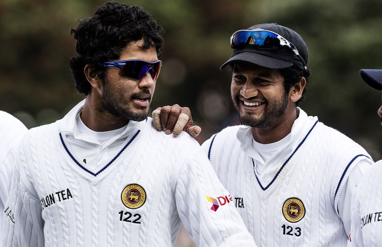 Dinesh Chandimal and Dimuth Karunaratne share a laugh, New Zealand v Sri Lanka, 2nd Test, Wellington, 1st day, January 3, 2015