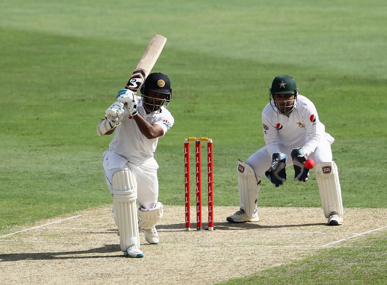 Dimuth Karunaratne drives, Pakistan v Sri Lanka, 2nd Test, Dubai, 1st day, October 6, 2017