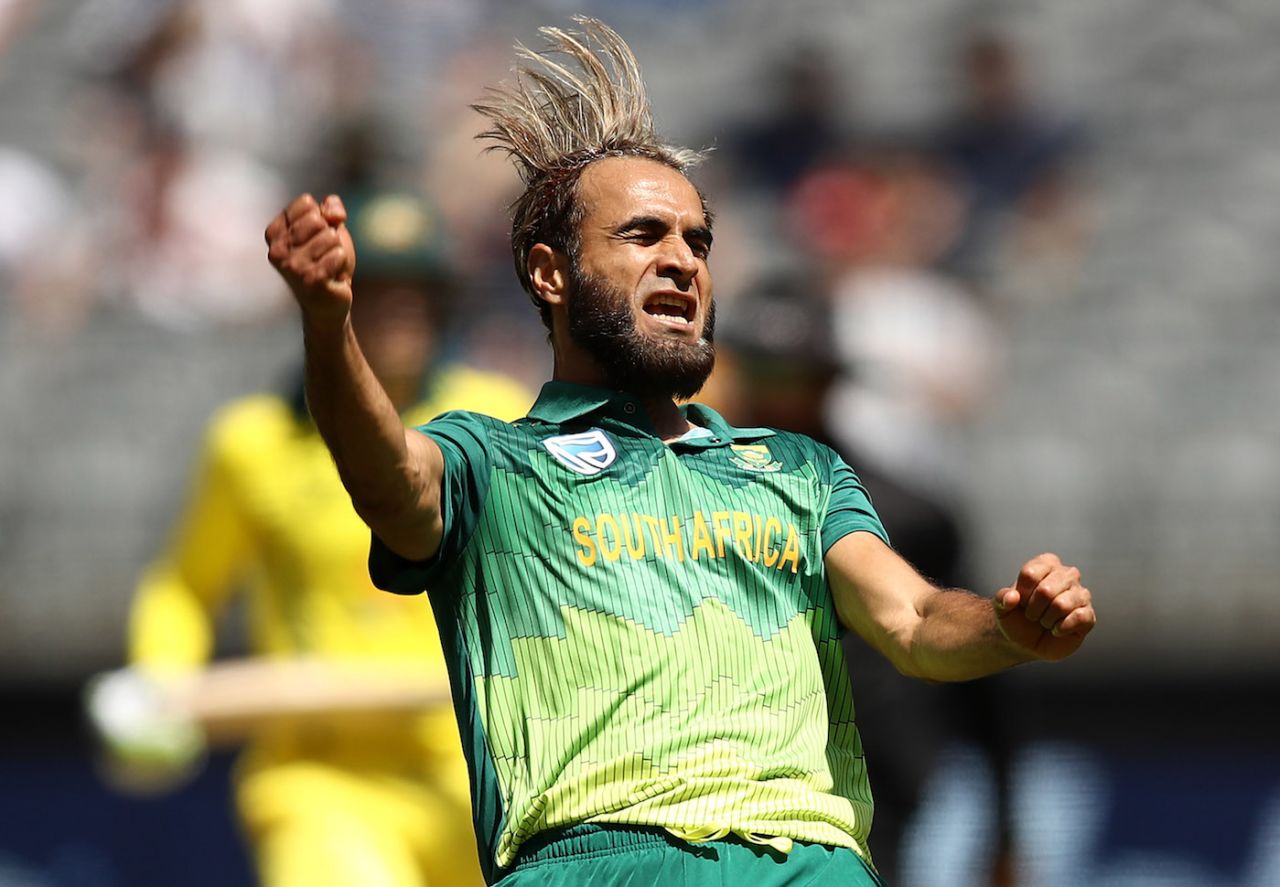 Imran Tahir celebrates the wicket of Alex Carey, game one of the Gillette One Day International series, Australia v South Africa at Optus Stadium, November 04, 2018 in Perth, Australia.