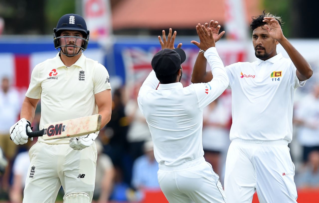 Suranga Lakmal celebrates the wicket of Rory Burns, Sri Lanka v England, 1st Test, Galle, 1st day, November 6, 2018