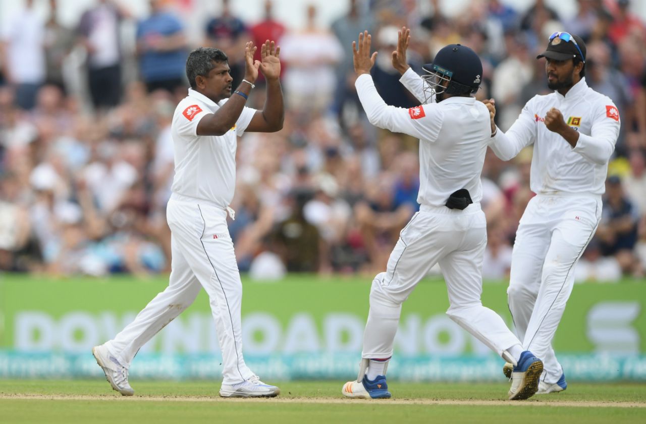 Rangana Herath celebrates the wicket of Joe Root, Sri Lanka v England, 1st Test, Galle, 1st day, November 6, 2018