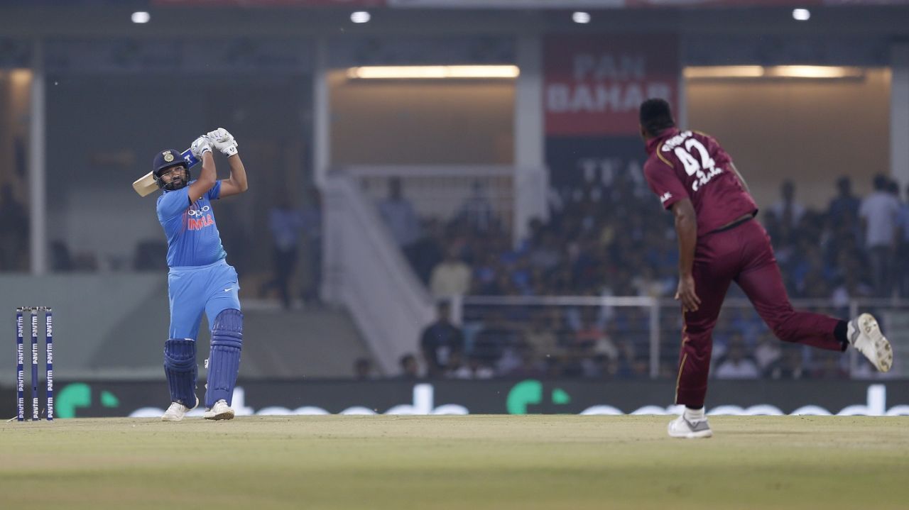 Rohit Sharma hits the ball over the top, India v West Indies, 2nd T20I, Lucknow, November 6, 2018