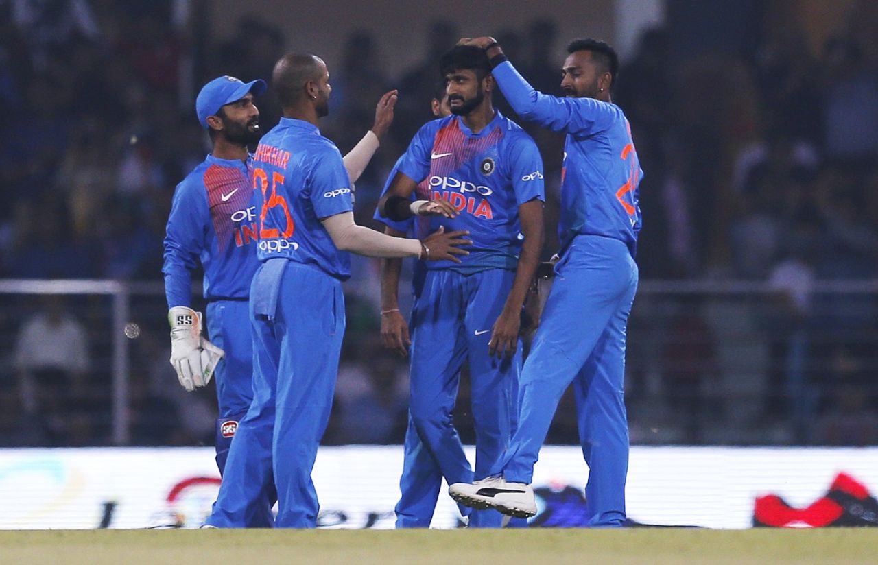Khaleel Ahmed is mobbed by his team-mates, India v West Indies, 2nd T20I, Lucknow, November 6, 2018