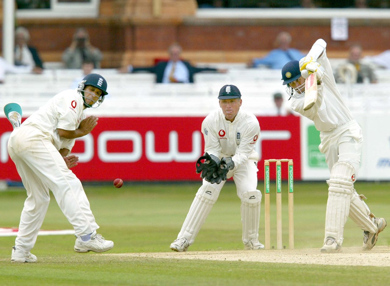 Ajit Agarkar drives, England v India, first Test, day five, Lord's, July 29, 2002