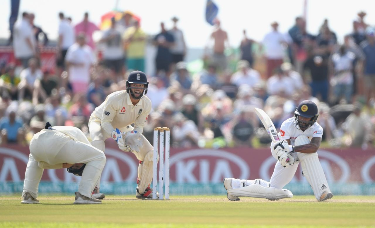 Niroshan Dickwella's sweep pings Rory Burns on the base of his neck, Sri Lanka v England, 1st Test, Galle, 2nd day, November 7, 2018