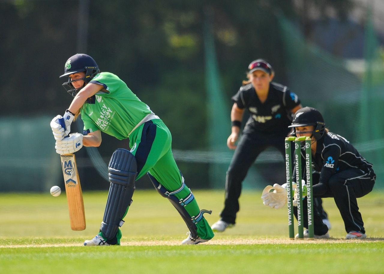 Laura Delany gets forward to block, Ireland v New Zealand, 1st ODI, Dublin, June 8, 2018