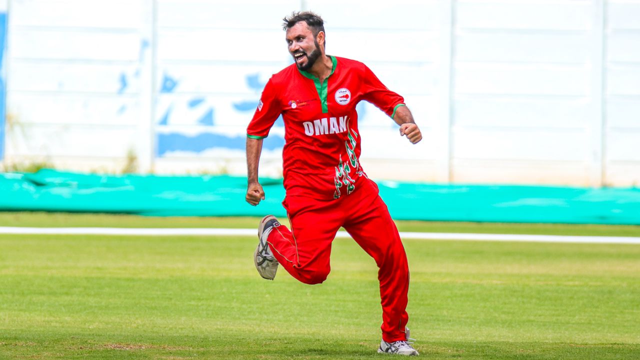Bilal Khan races away to celebrate another wicket, Namibia v Oman, ICC World Cricket League Division Two, Windhoek, February 11, 2018