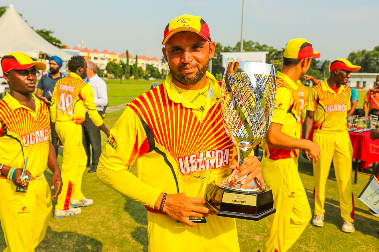 Irfan Afridi holds the spoils of victory after helping Uganda win WCL Division Four, Jersey v Uganda, ICC World Cricket League Division Four, Bangi, May 6, 2018