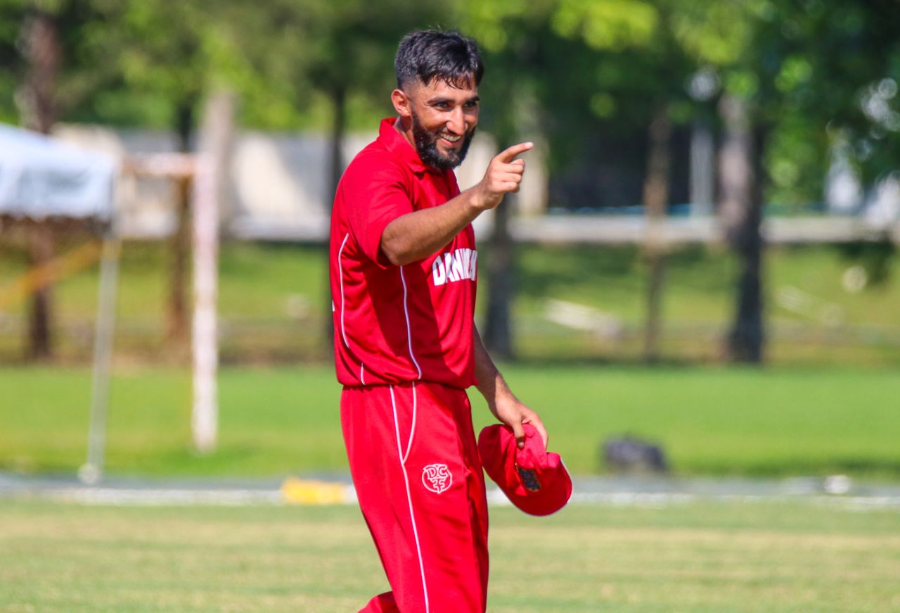 Denmark captain Hamid Shah points victoriously toward the coaching staff after the win, Denmark v Malaysia, ICC World Cricket League Division Four, Bangi, May 2, 2018
