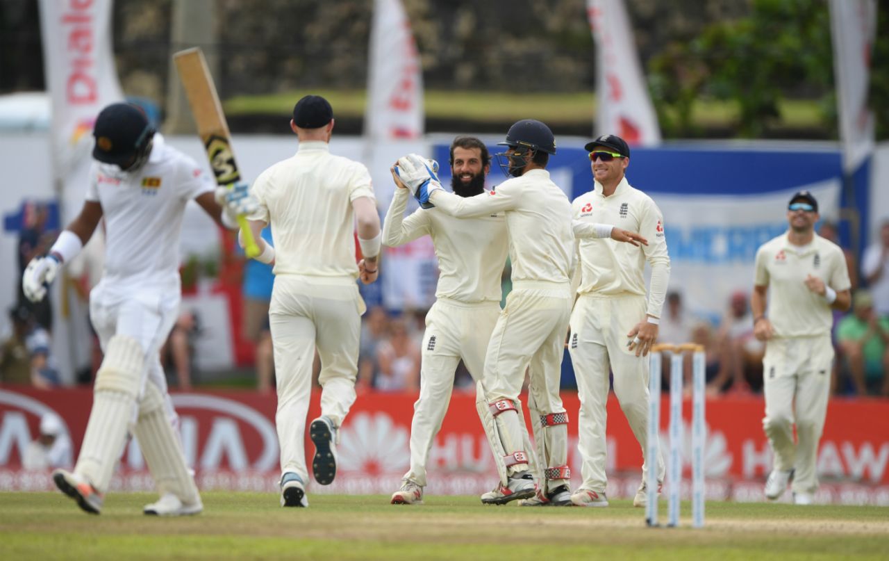 Moeen Ali celebrates his 150th Test wicket, Sri Lanka v England, 1st Test, 4th day, Galle, November 9, 2018