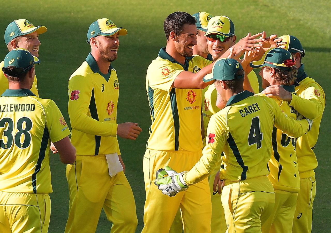 Mitchell Starc celebrates a wicket with his team-mates, Australia v South Africa, 2nd ODI, Adelaide, November 9, 2018