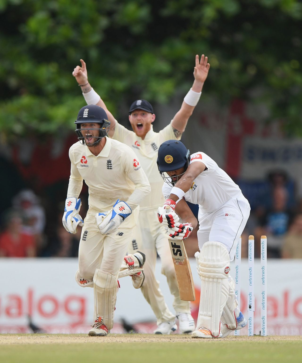 England celebrate as Dinesh Chandimal is bowled by Jack Leach, Sri Lanka v England, 1st Test, 4th day, Galle, November 9, 2018