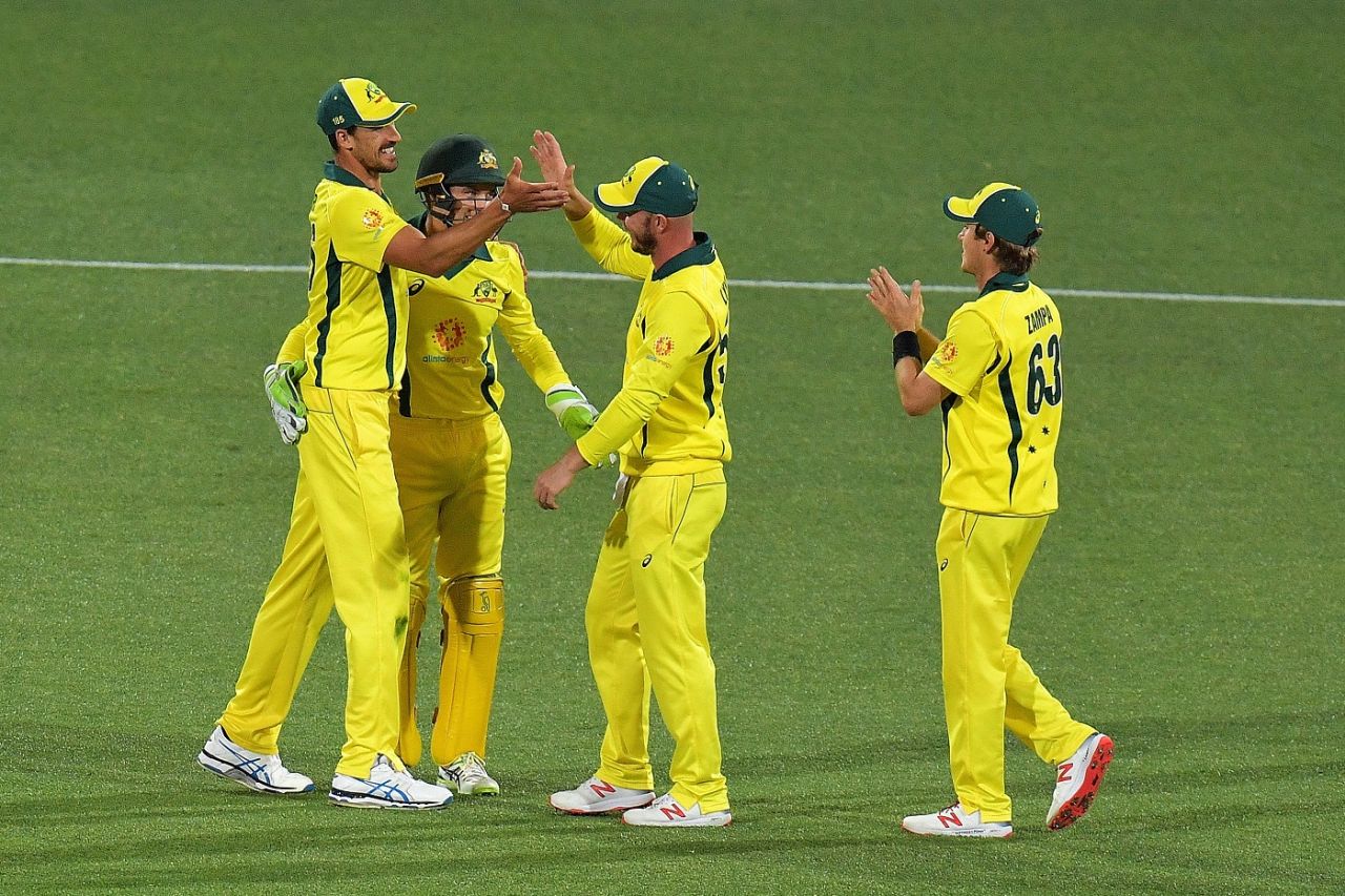Mitchell Starc, Alex Carey, Chris Lynn and Adam Zampa celebrate Australia's win, Australia v South Africa, 2nd ODI, Adelaide, November 9, 2018