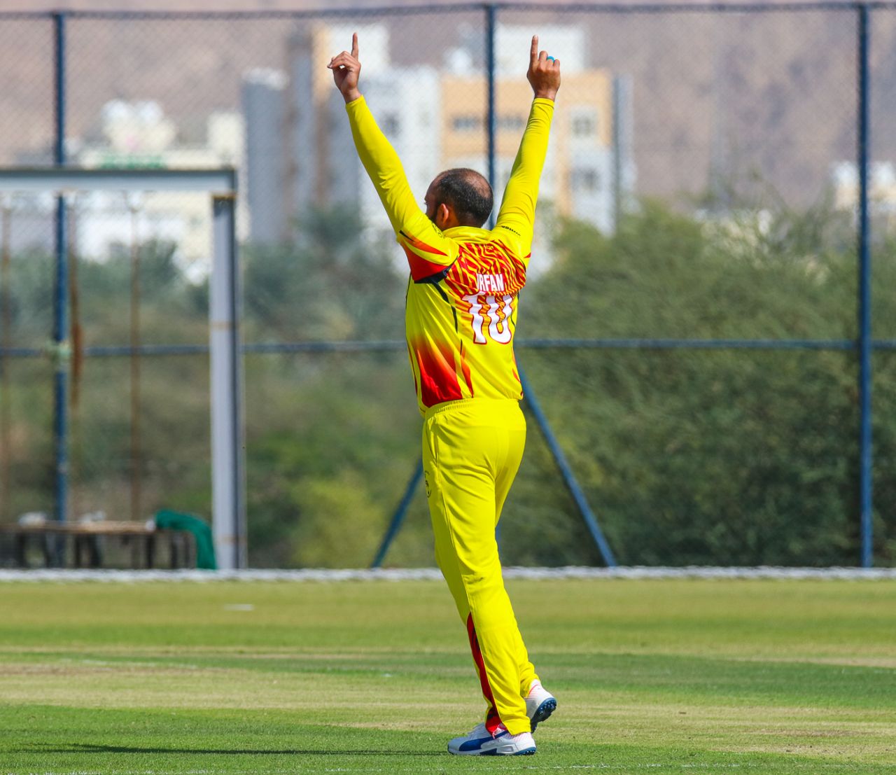 Irfan Afridi breaks out the Starfish celebration pose after another wicket, Denmark v Uganda, ICC World Cricket League Division Three, Al Amerat, November 9, 2018