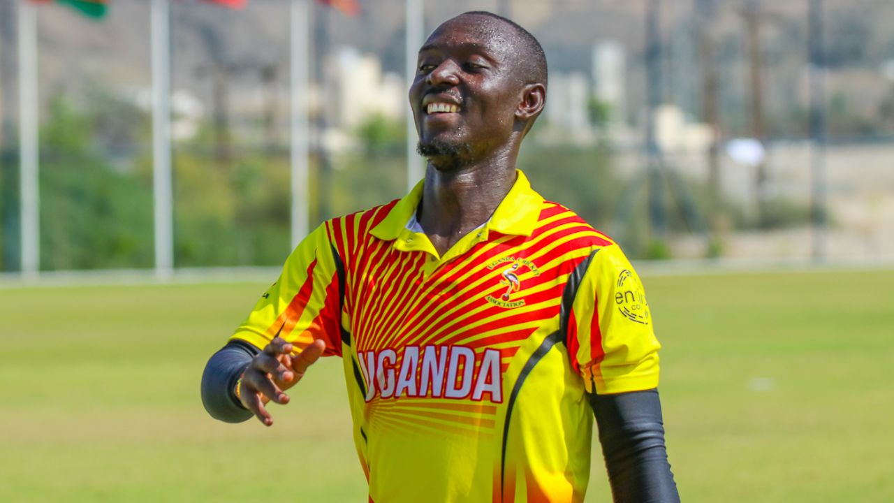 Charles Waiswa leads the team off the field after a brilliant spell, Denmark v Uganda, ICC World Cricket League Division Three, Al Amerat, November 9, 2018