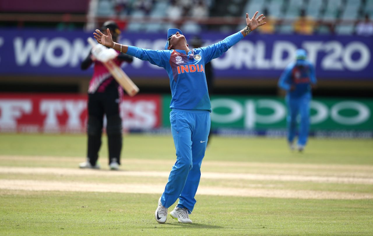 Harmanpreet Kaur celebrates taking a catch, India v New Zealand, Women's World T20, Group B, Guyana, November 9, 2018