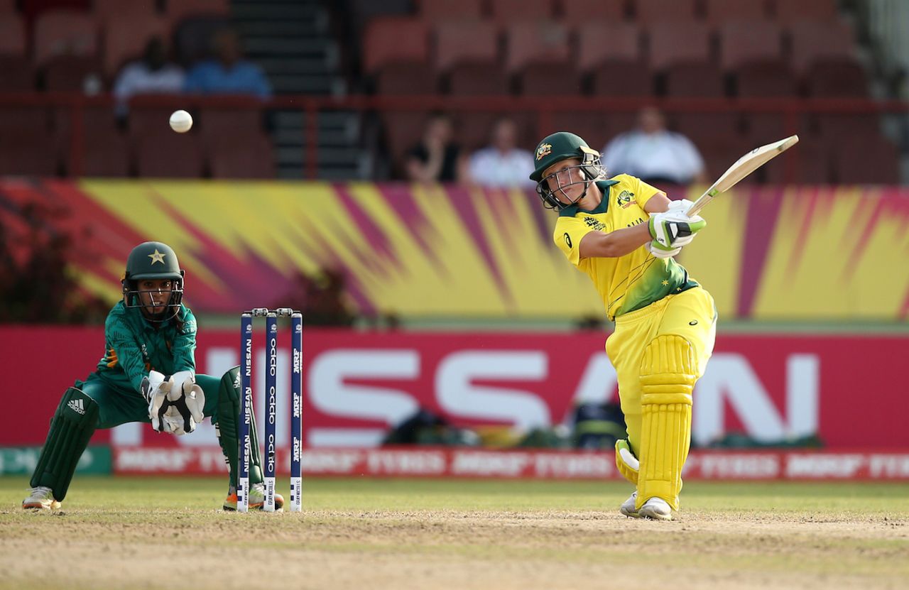Alyssa Healy hits the ball through the off side, Australia v Pakistan, Women's World T20, Group B, Guyana, November 9, 2018