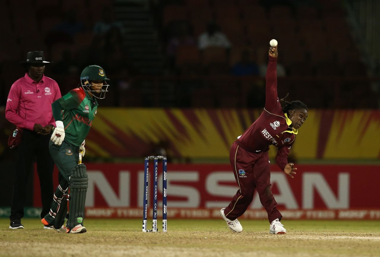 Deandra Dottin in her delivery stride, West Indies v Bangladesh, Women's World T20, Group A, Guyana, November 9, 2018