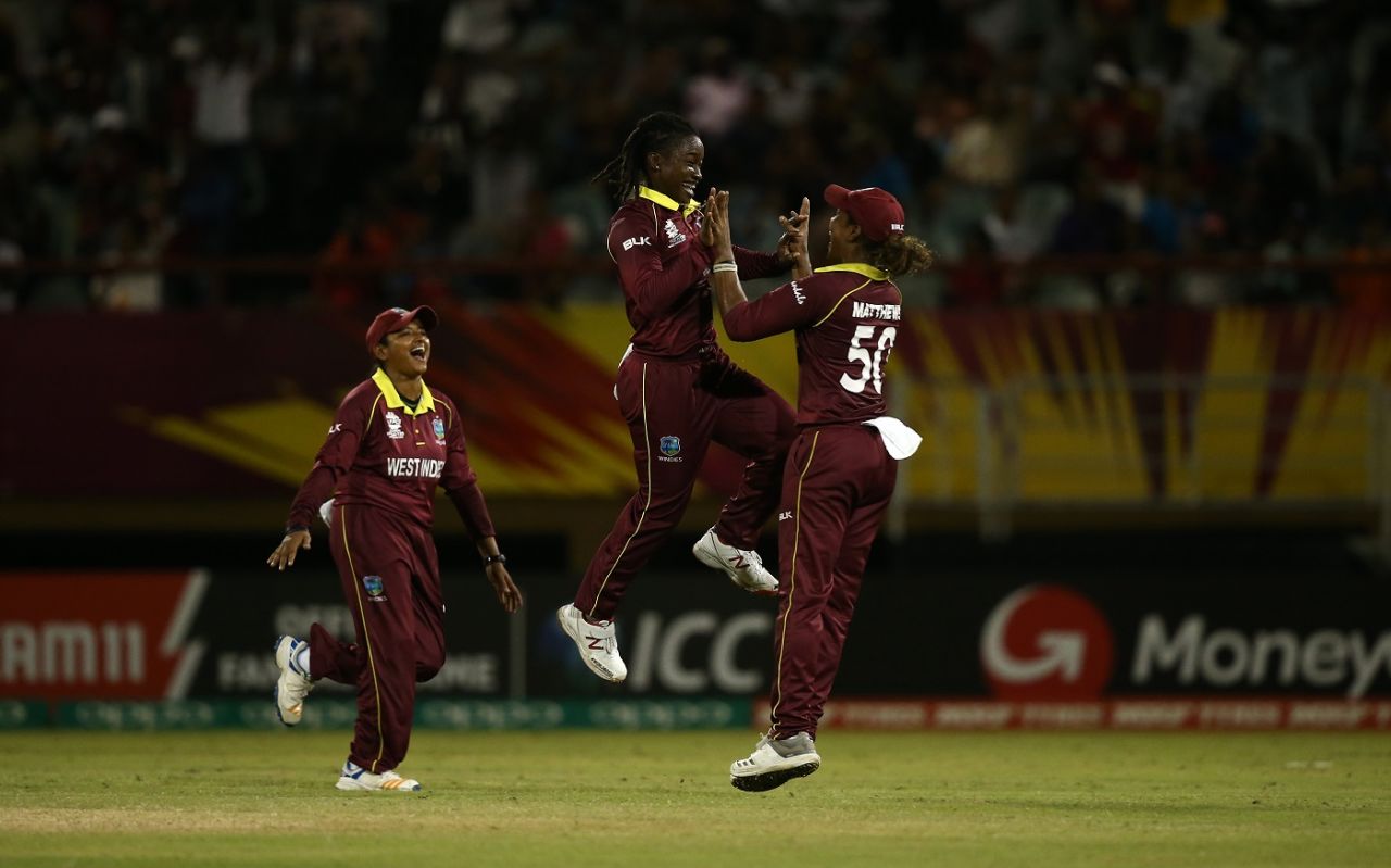 Deandra Dottin celebrates a wicket with her teammates, West Indies v Bangladesh, Women's World T20, Group A, Guyana, November 9, 2018