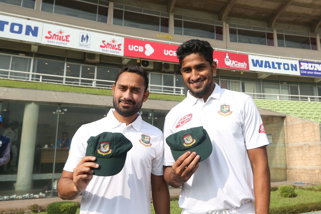 Mohammad Mithun and Khaled Ahmed pose with their Test caps on debut, Bangladesh v Zimbabwe, 2nd Test, Dhaka, 1st day, November 11, 2018