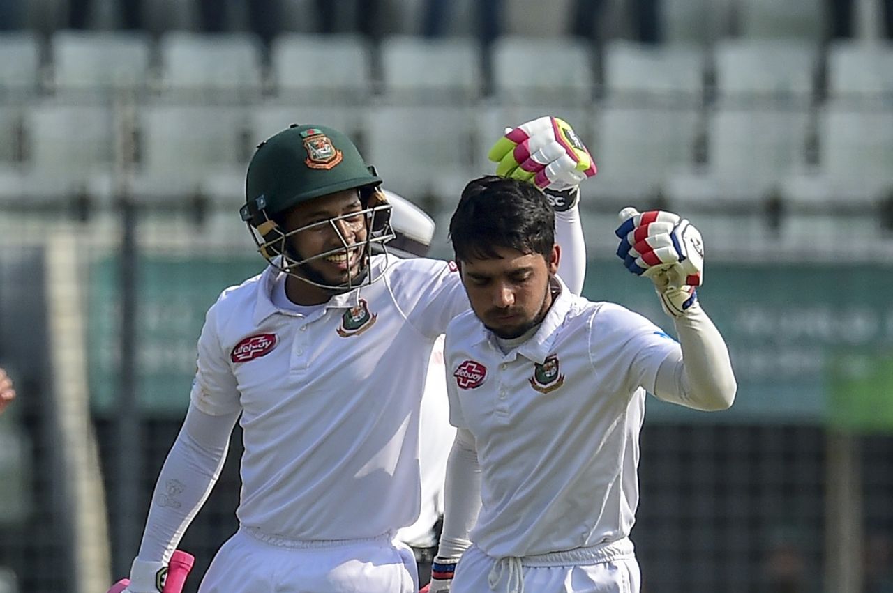 Mushfiqur Rahim congratulates Mominul Haque on bringing up his hundred, Bangladesh v Zimbabwe, 2nd Test, Dhaka, 1st day, November 11, 2018