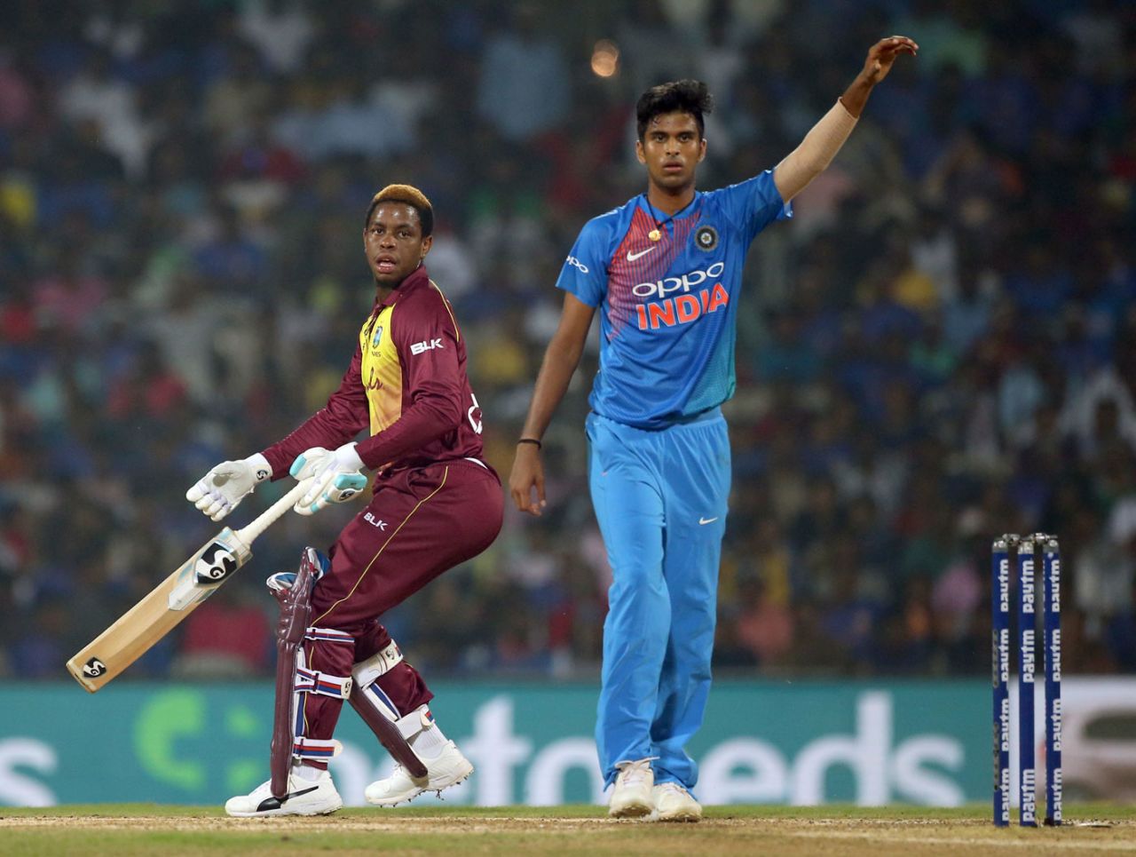 Washington Sundar signals to the fielder as Shimron Hetmyer thinks about another run, India v West Indies, 3rd T20I, Chennai, November 11, 2018