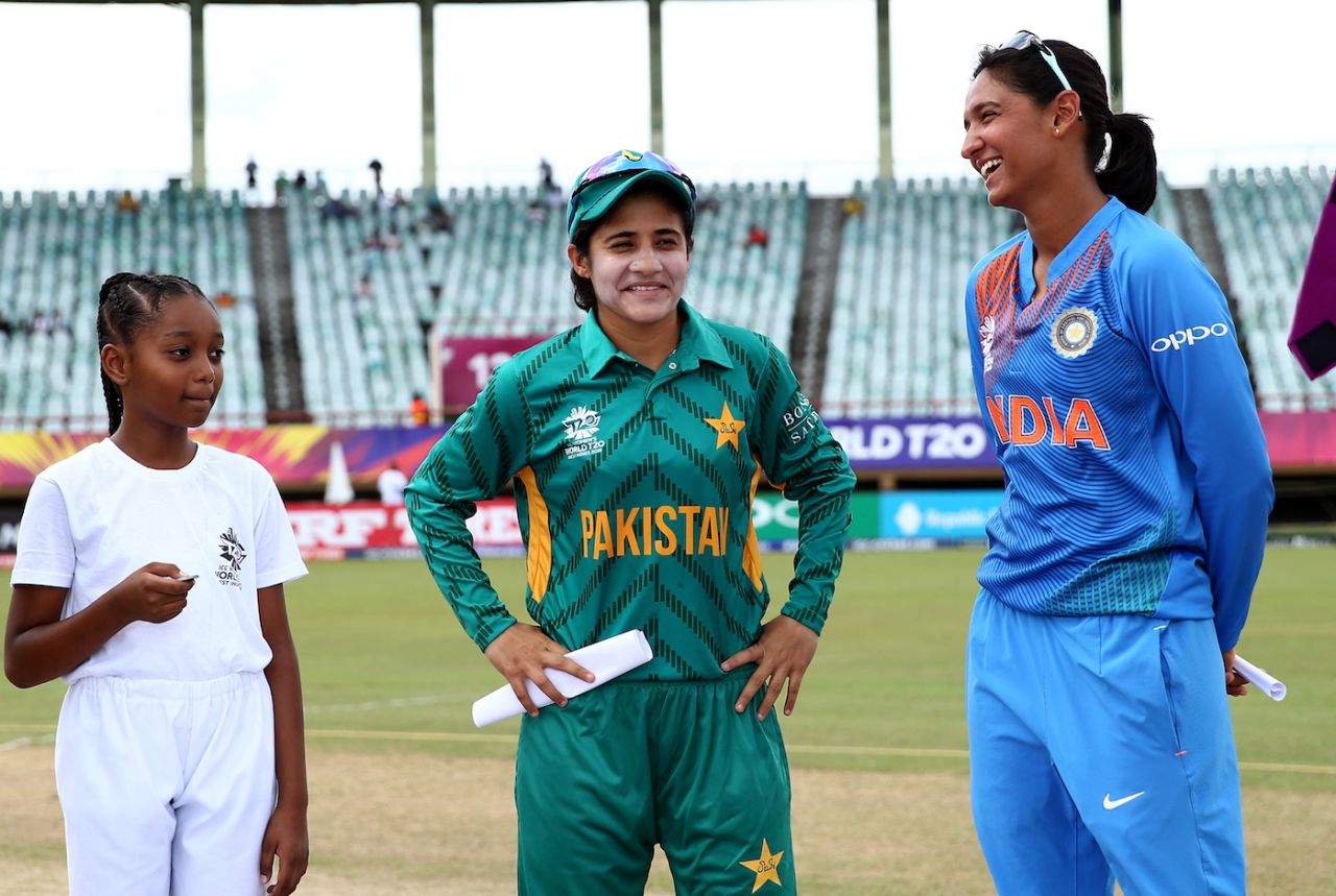 Captains Javeria Khan and Harmanpreet Kaur at the toss, India v Pakistan, Women's World T20 2018, Group B, Guyana, November 11, 2018
