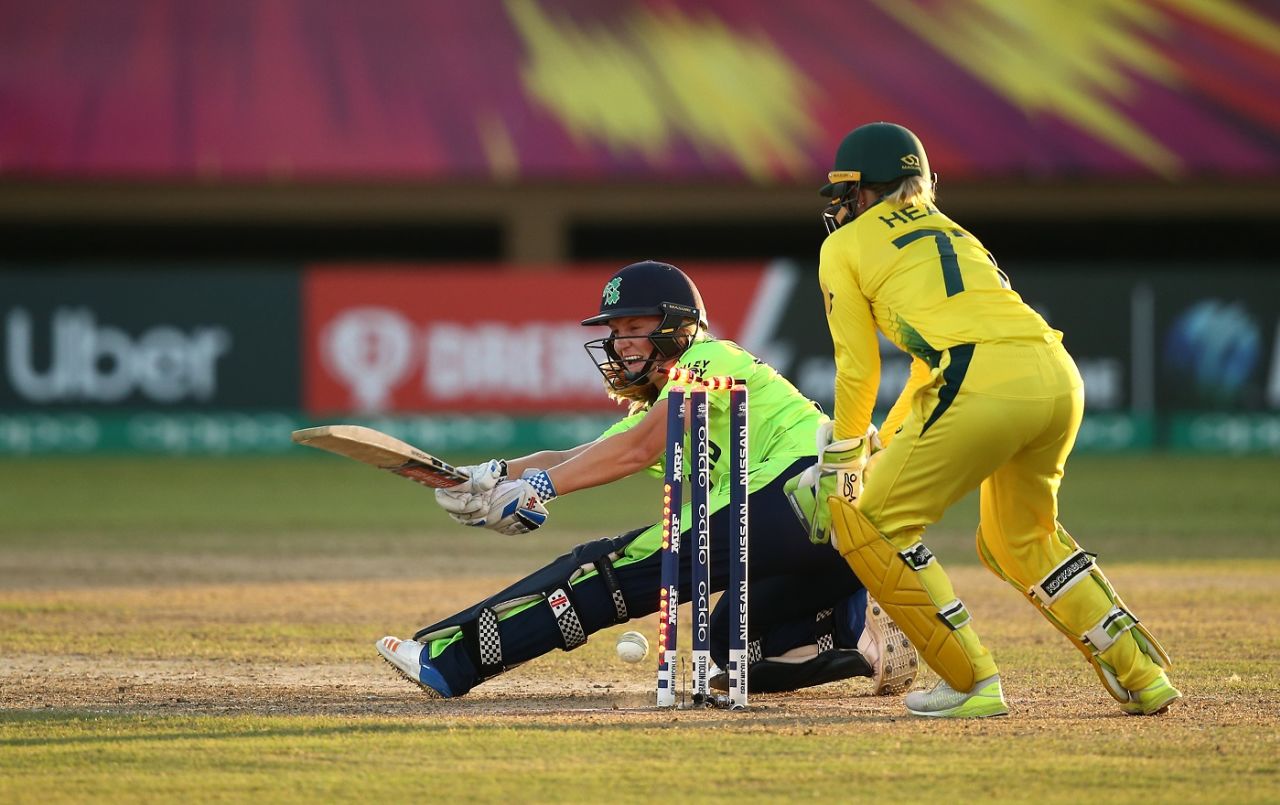 Kim Garth is bowled around her legs as she misses the scoop shot, Australia v Ireland, Women's World T20, Guyana, Group B, November 11, 2018