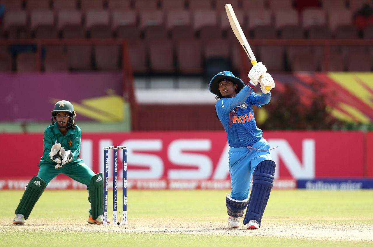 Mithali Raj goes over cover as Sidra Nawaz watches, India v Pakistan, Women's World T20, Guyana, Group B, November 11, 2018