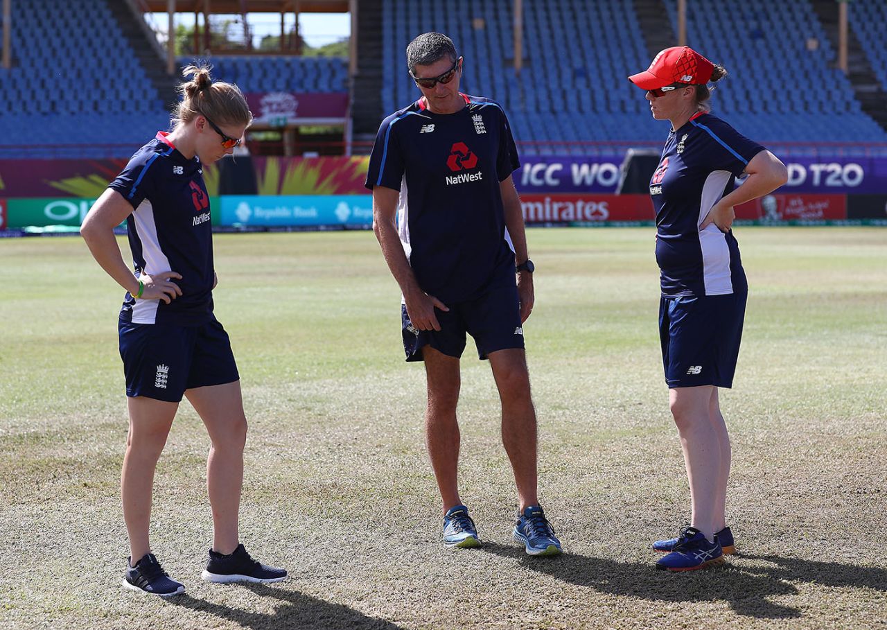 Heather Knight, Mark Robinson and Anya Shrubsole inspect the outfield, England v Bangladesh, Women's World T20, Group A, St Lucia, November 12, 2018