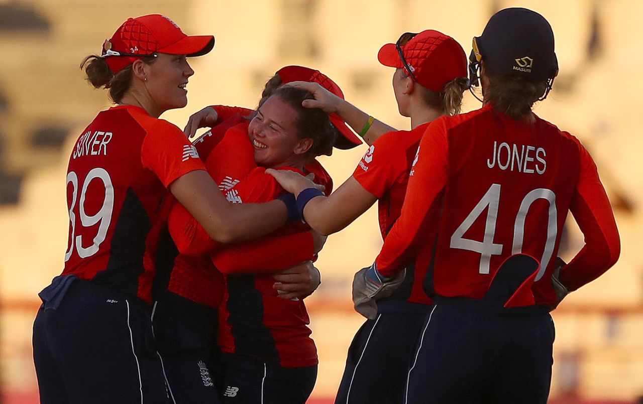 Linsey Smith celebrates her maiden international wicket, England v Bangladesh, Women's World T20, Group A, St Lucia, November 12, 2018