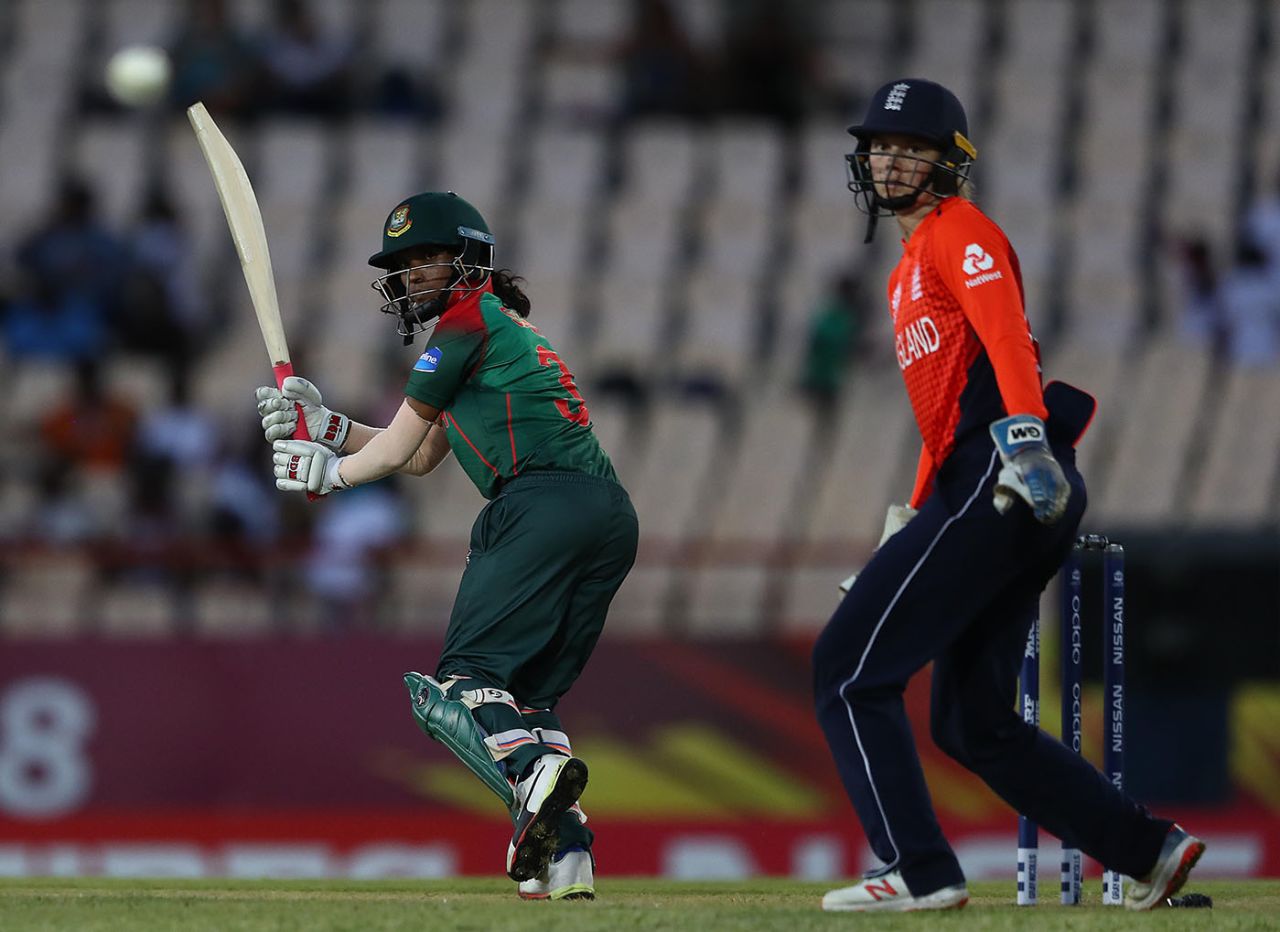 Salma Khatun clips the ball behind square, England v Bangladesh, Women's World T20, Group A, St Lucia, November 12, 2018