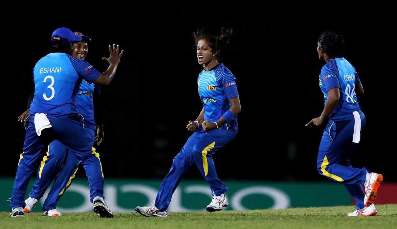 The Sri Lanka fielders celebrate a wicket, South Africa Women v Sri Lanka Women, Women's World T20, Group A, Gros Islet, November 12, 2018