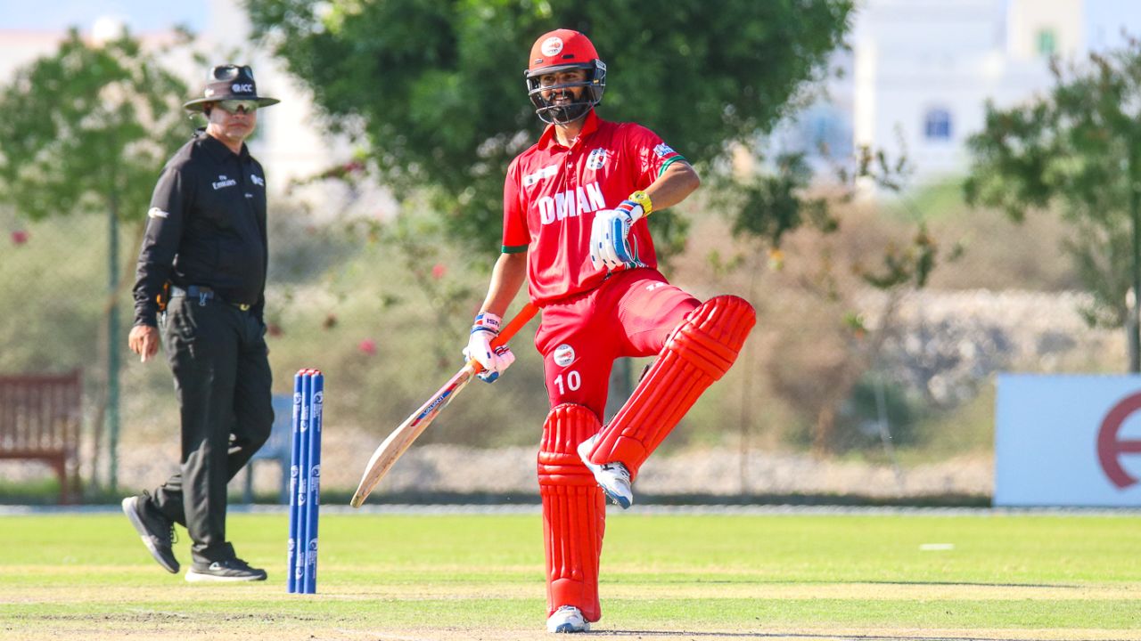 Jatinder Singh imitates Shikhar Dhawan with a Kabbadi-style celebration for his fifty, Oman v Denmark, ICC World Cricket League Division Three, Al Amerat, November 13, 2018