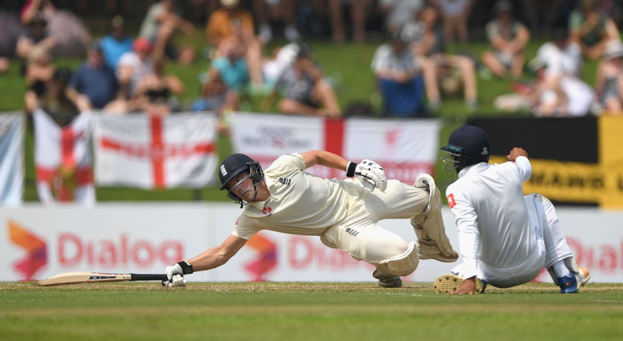 Rory Burns dives for his ground as short leg has a shy, Sri Lanka v England, 2nd Test, Pallekele, 1st day, November 14, 2018