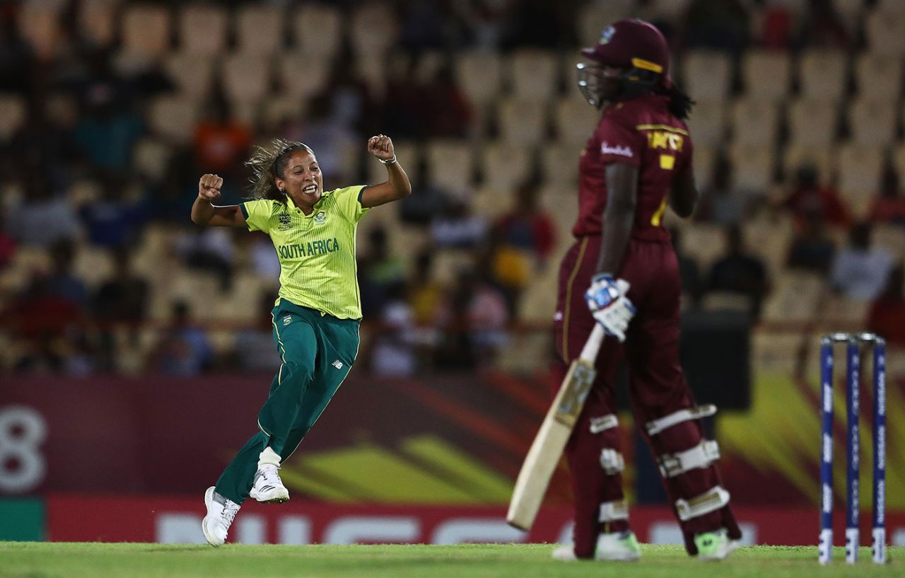 Shabnim Ismail celebrates removing Stafanie Taylor, West Indies v South Africa, Women's World T20, Group A, St Lucia, November 14, 2018